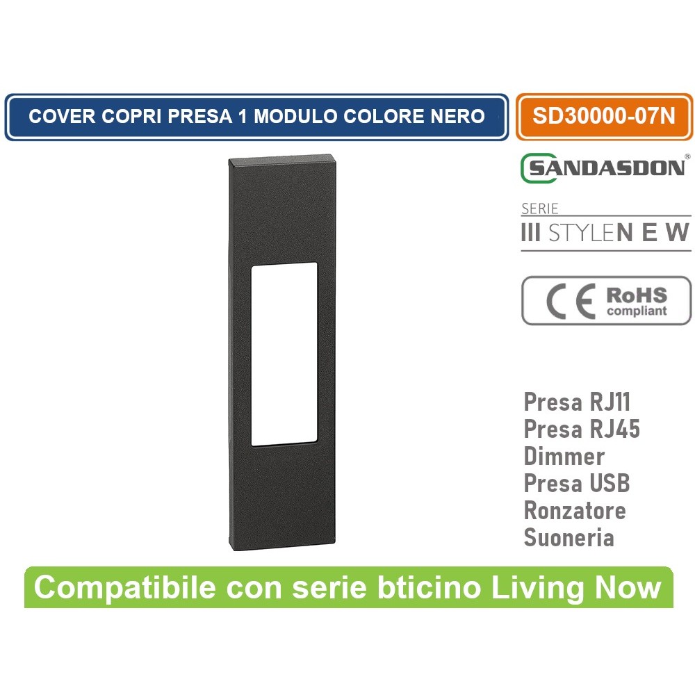 Cover per presa RJ11 - RJ45 - USB - RONZATORE - SUONERIA - DIMMER Bticino Living Now Compatibile Nero