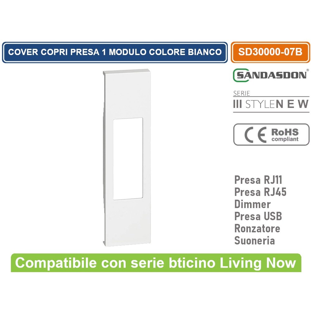 Cover Per Presa RJ11 - RJ45 - USB - RONZATORE - SUONERIA - DIMMER Bticino Living Now Compatibile Bianco