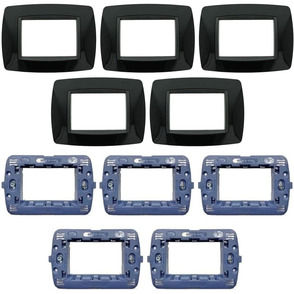 Kit 10 Pezzi Living Light Compatibile 5 pezzi Placca 3M 3 Posti | 5 Pezzi Supporto 3M 3 Posti, Nero