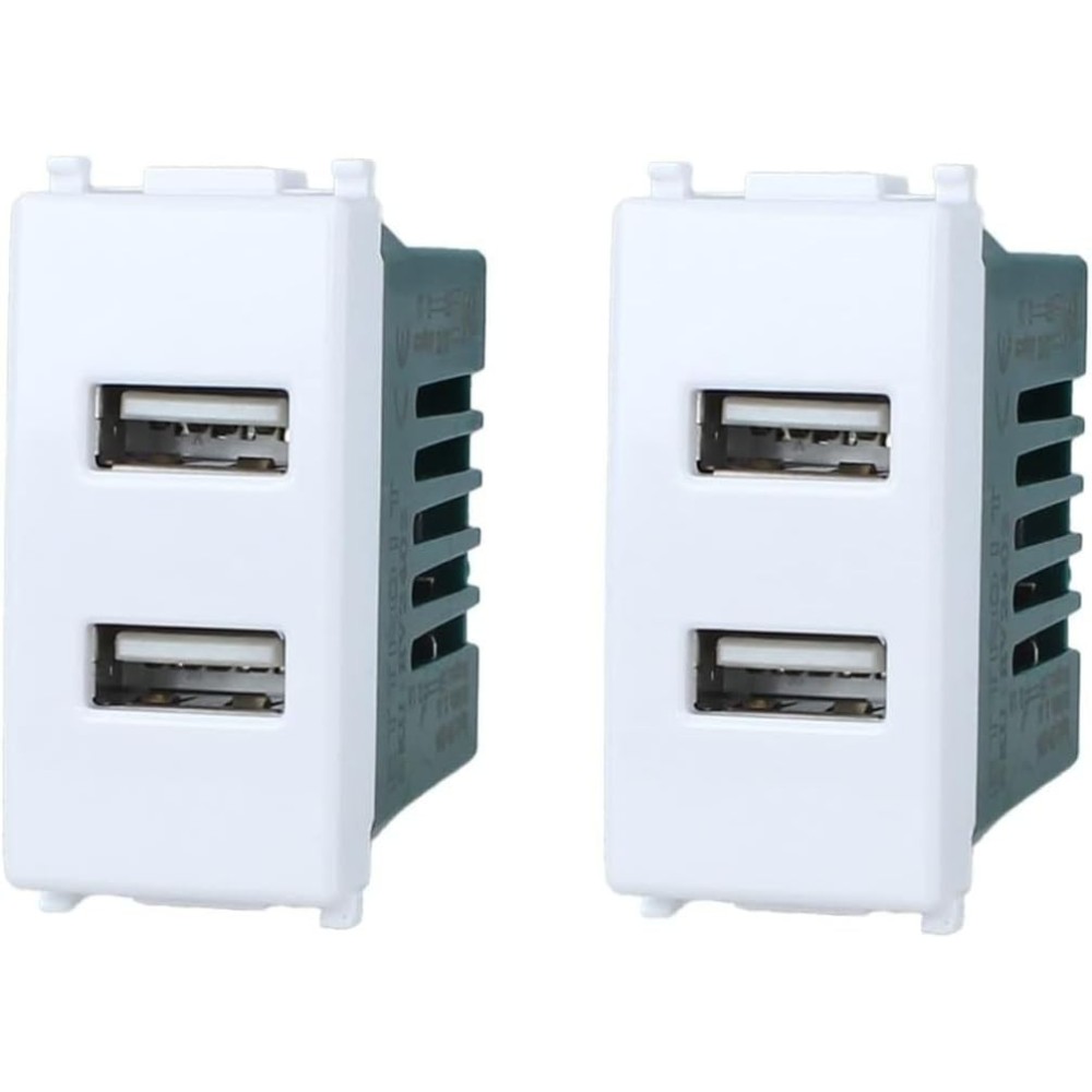 Kit 2 Pezzi Modulo Presa USB da muro 2 Porte USB 5V 2,1A,Colore Bianco, Compatibile Con Vimar Plana