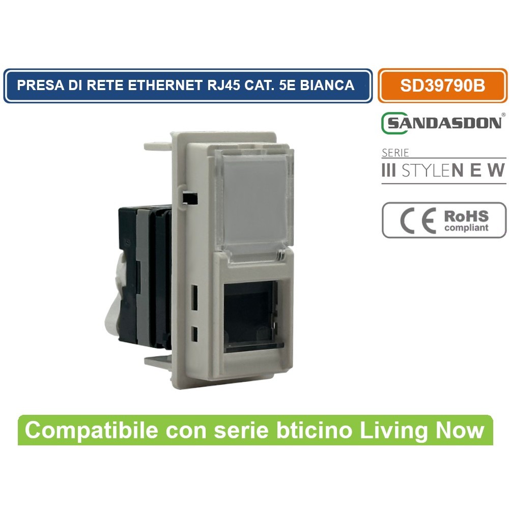 Connettore Di Rete RJ45 8 pin Cat 5E 1P Bticino Living Now Compatibile Bianco